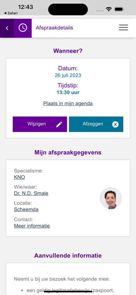 Mijn Ommelander app screenshot showing appointment details including date time and doctor information