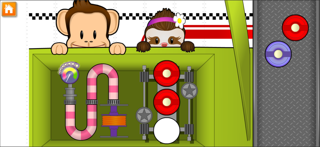 The monkey and a sloth watching a mechanic puzzle with pipes and gears in Monkey Preschool Fix-It