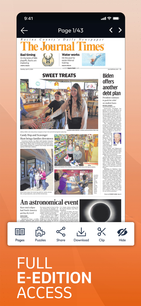 The Journal Times mobile app showing the full digital e-edition replica of the Racine local newspaper