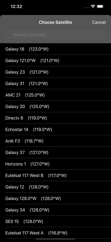 Satellite Align Pro - Uma lista de satélites disponíveis para seleção no aplicativo Satellite Align Pro, incluindo modelos Galaxy e Directv com suas coordenadas orbitais.