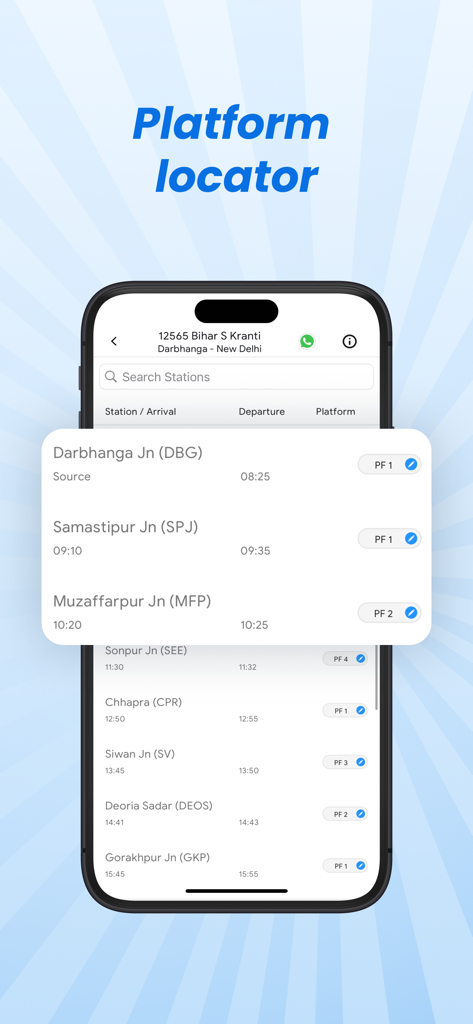 ixigo Trains: Ticket Booking - Mobile screen showing the ixigo platform locator feature with station arrival times and platform numbers for Indian Railways trains