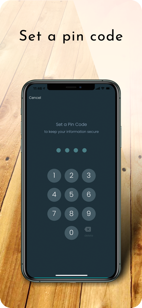 Zand Inventory - Sicherheitsbildschirm in der Zand Inventory App mit der numerischen Tastatur zum Festlegen eines PIN-Codes zum Schutz von Geschäftsdaten