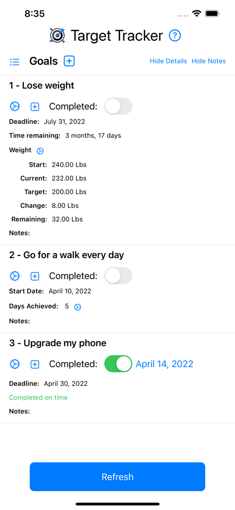 Target Tracker mobile app interface showing a list of goals with numeric tracking and progress deadlines