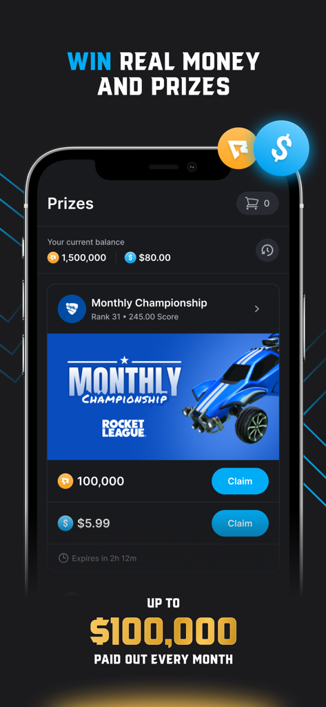 Repeat.gg app prizes screen showing Rocket League monthly championship rewards and cash prizes