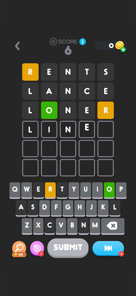 Gameplay screenshot of Wordle! mobile app featuring a word puzzle grid and color-coded letter tiles.