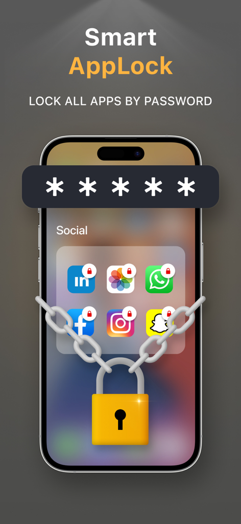 Photo Vault & App Lock - PicX - Smartphone mostrando apps de redes sociales aseguradas por un candado y una contraseña