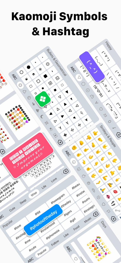 Keyboard Fonts & Emoji Maker - Interface of the Keyboard Fonts app showing various kaomoji, geometric symbols, emojis, and trending social media hashtags.
