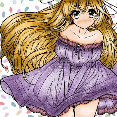 manga girl with long flowing hair and a dress that is pushed down