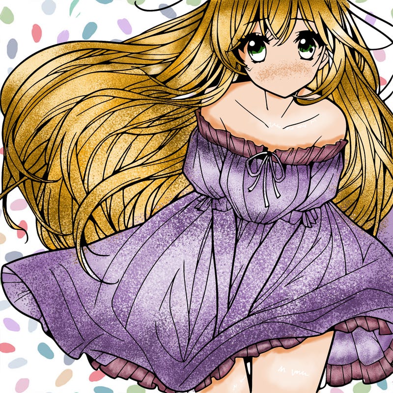 manga girl with long flowing hair and a dress that is pushed down