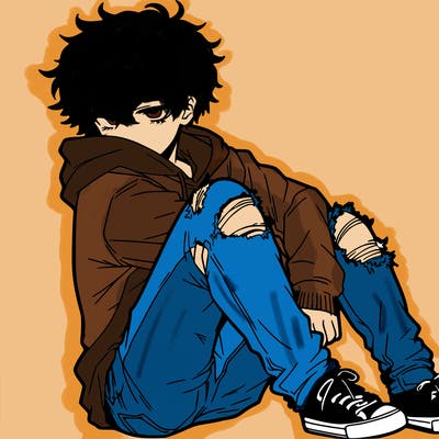 a male hoddie ripped jeans messy hair anime