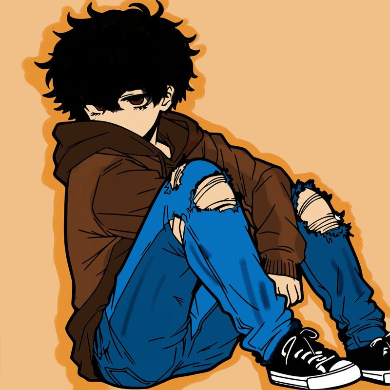 a male hoddie ripped jeans messy hair anime