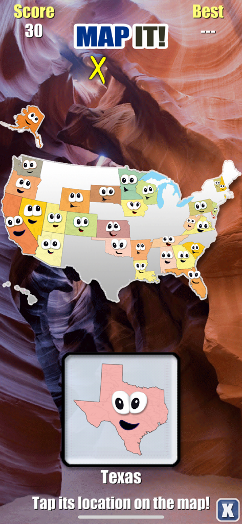 Map It Spielmodus in der Stack the States App mit dem texanischen Staatscharakter