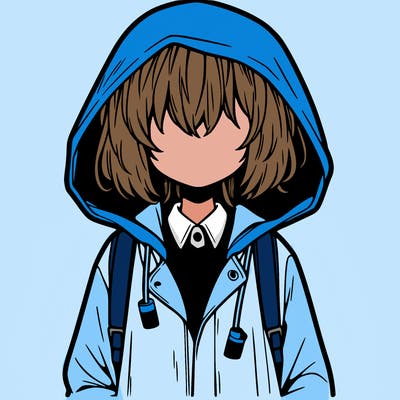 little anime girl in a raincoat her hair is covering her eyes she has a lighter