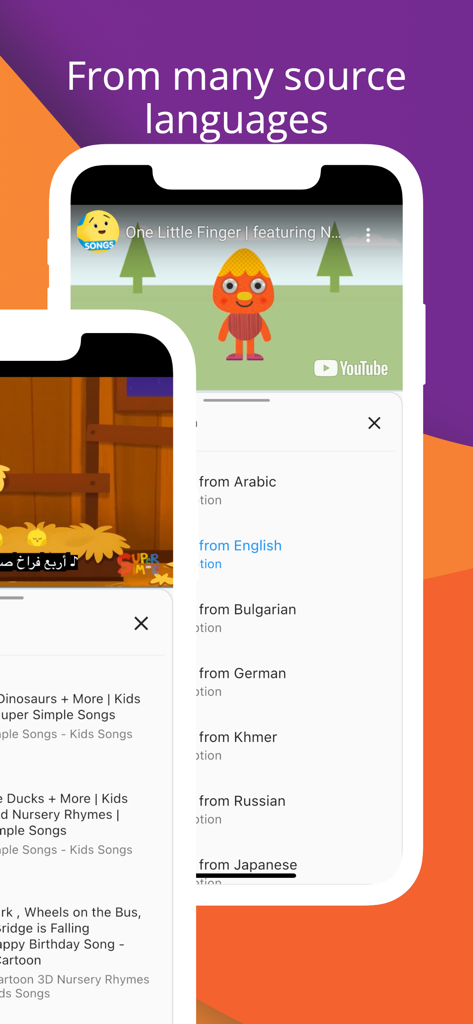 zTranslate - Translate Youtube - Interfaz de la aplicación zTranslate que muestra una lista de idiomas de origen disponibles para la traducción de subtítulos de YouTube