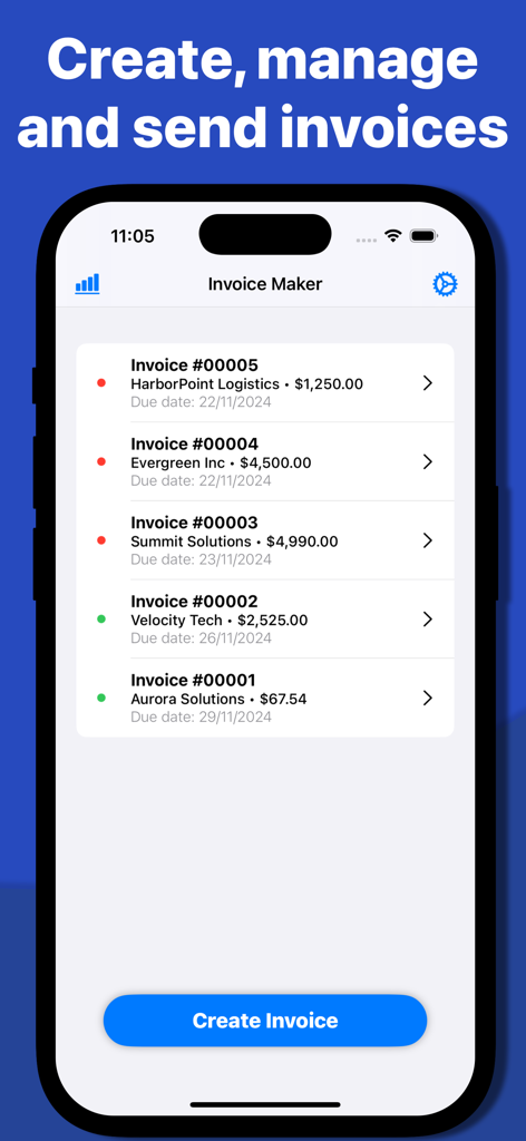 Invoice Maker Receipt Creator - Mobile app dashboard displaying a list of invoices with status indicators and a create invoice button