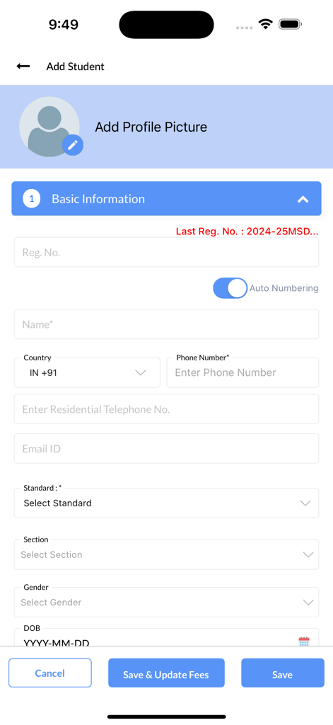 Proctur-Class Management App - Interface for adding a new student profile within the Proctur class management app showing fields for name contact and academic details