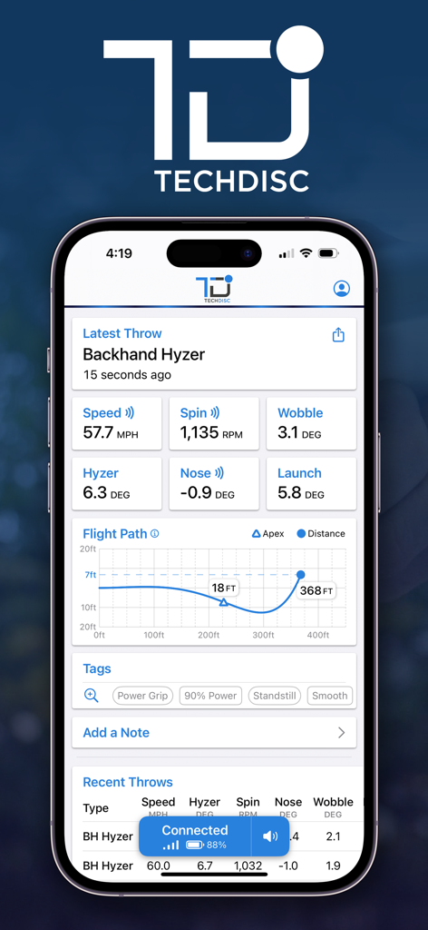 Dashboard dell'app TechDisc che mostra statistiche sui lanci di disc golf, inclusi velocità, spin e visualizzazione della traiettoria di volo