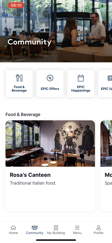 EPIC by ISPT - Interface of the EPIC by ISPT mobile app showing community features and local dining options.