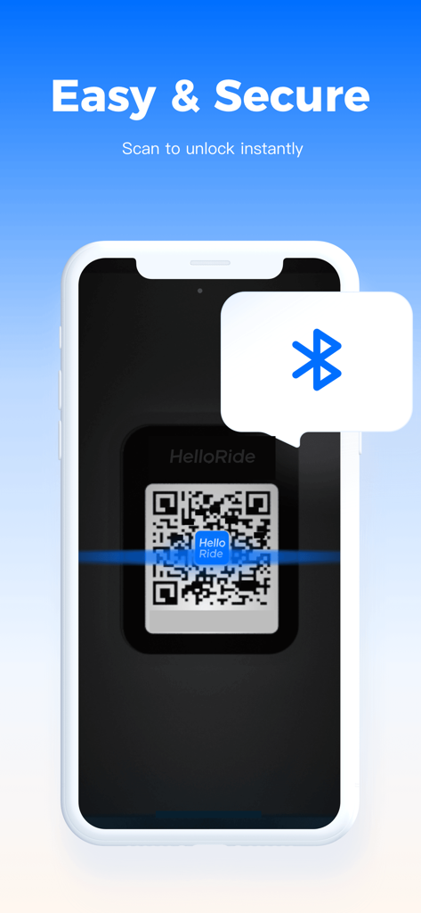 HelloRide-Enjoy your ride - Bluetooth接続で自転車のアンロックのためにQRコードをスキャンするHelloRideアプリのインターフェース