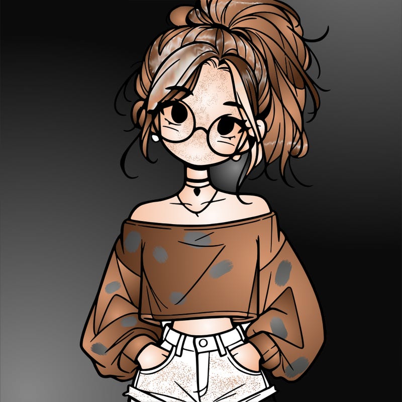 girl with a messy ponytail glasses a baggy crop top and jean shorts