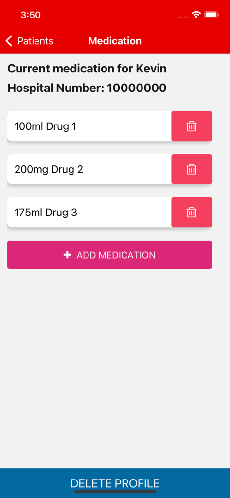 My Cortisol - The medication screen of the My Cortisol app showing a list of prescribed drugs and dosages for a specific patient.