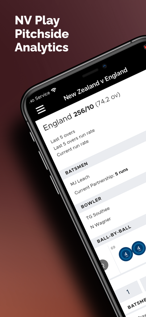 NV Play Pitchside Analytics - A mobile screenshot of the NV Play Pitchside Analytics app showing a live cricket scorecard for a New Zealand versus England match with detailed bowling and batting statistics