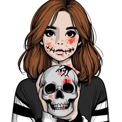 realistic girl holding a skull