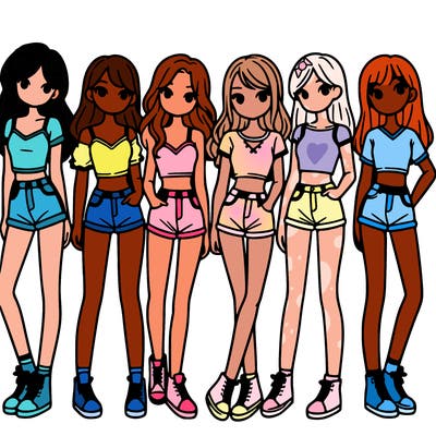 a group of girls wearing crop tops and shorts
