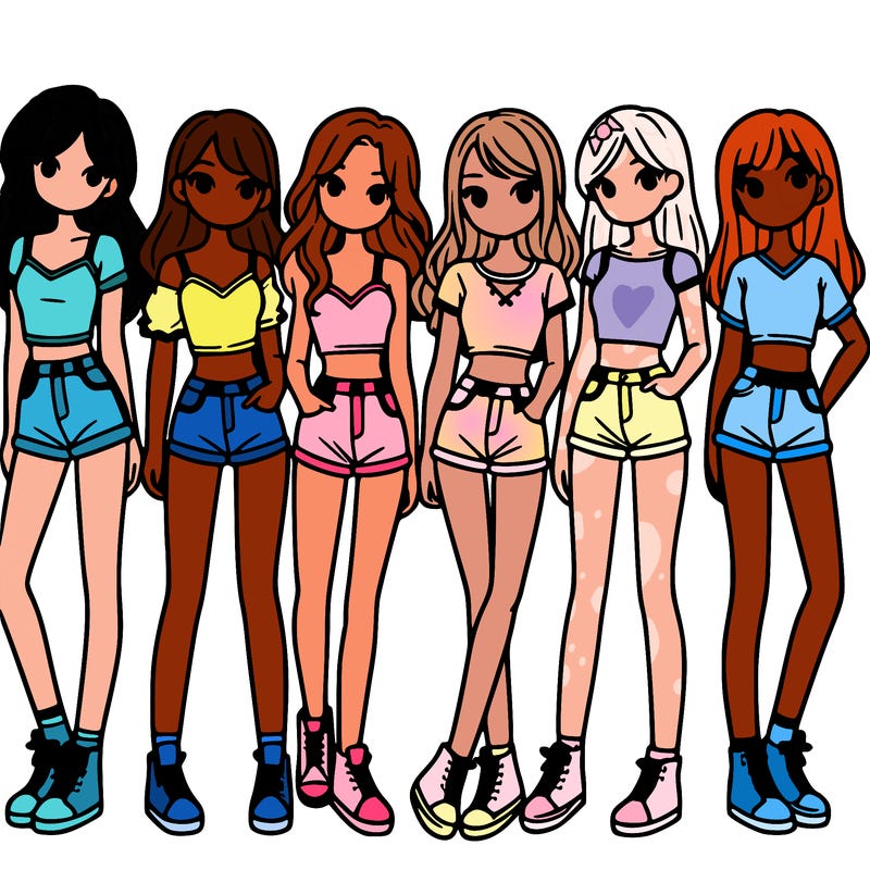 a group of girls wearing crop tops and shorts
