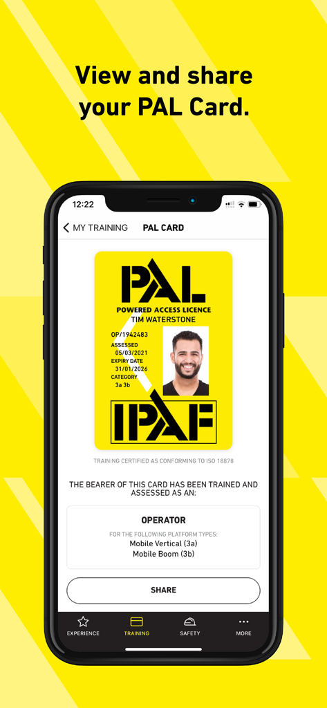 IPAF ePAL - A smartphone displaying a digital IPAF Powered Access Licence card for an operator on the ePAL app.