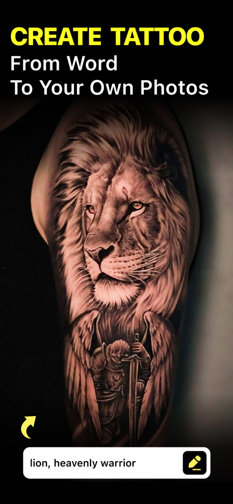 Ai Tattoo Generator Ink Tattoo - La aplicación generadora de tatuajes IA muestra un diseño realista de león y guerrero celestial creado a partir de indicaciones de texto