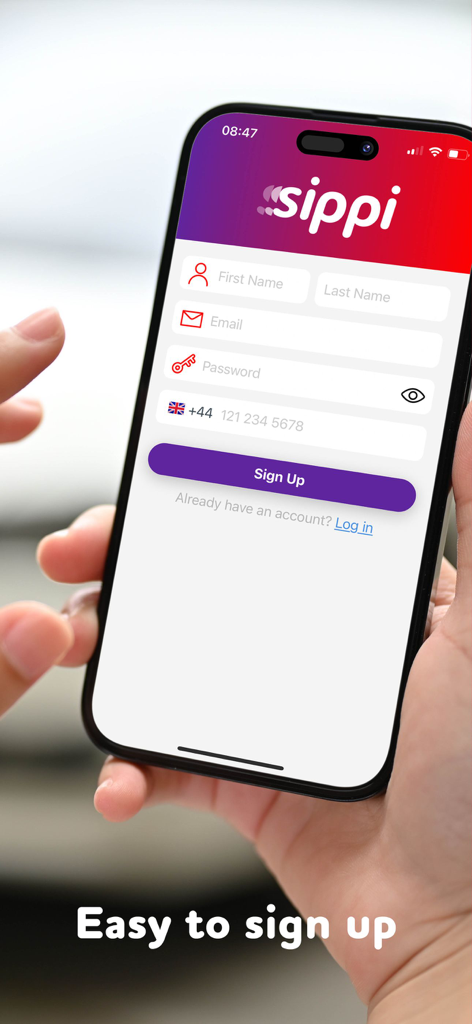 Ecrã de registo da aplicação Sippi num smartphone mostrando campos para nome, e-mail e palavra-passe com a legenda "Fácil de se inscrever"