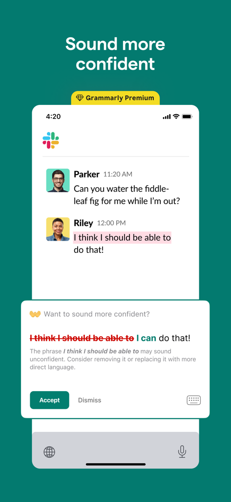 Fonctionnalité de transformation du ton du clavier Grammarly suggérant une reformulation plus assurée pour un message de chat