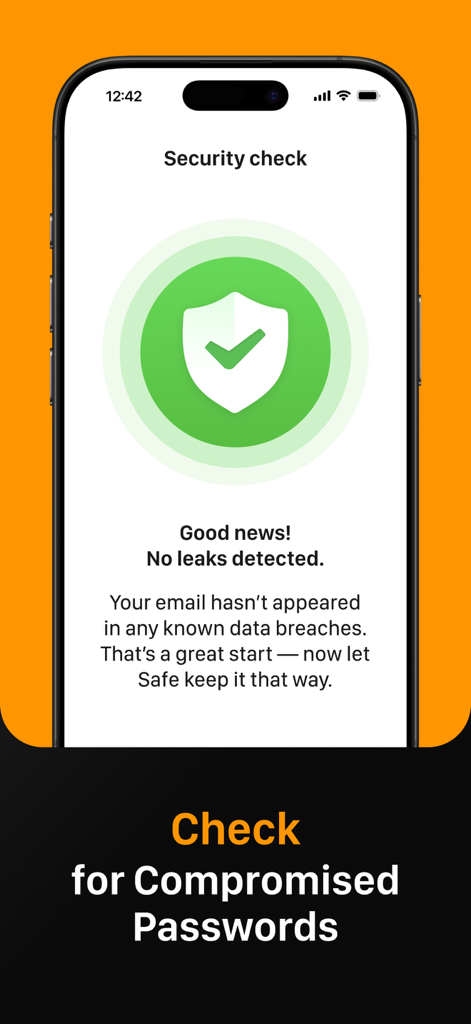 SafeInCloudセキュリティチェック画面。侵害されたパスワードのデータ漏洩がないことを検出
