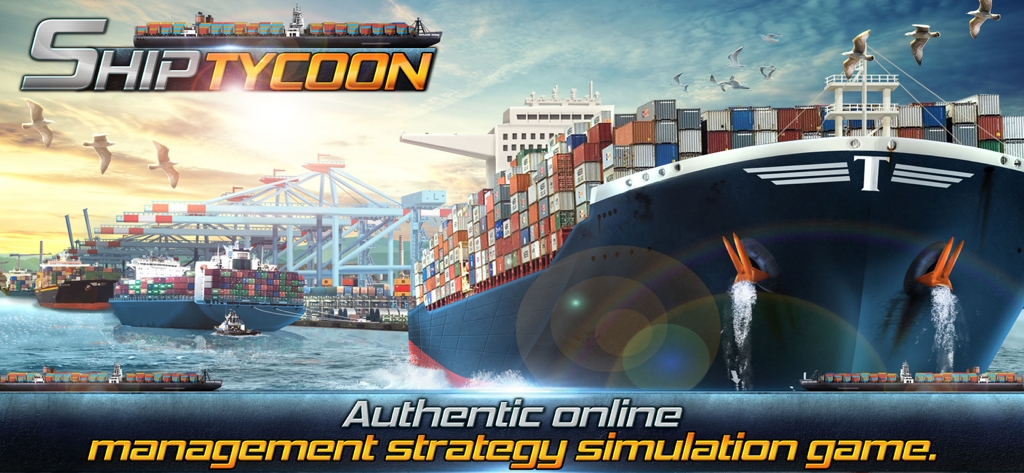 Ship Tycoon. - Large cargo ship in a busy port for the Ship Tycoon management strategy simulation game