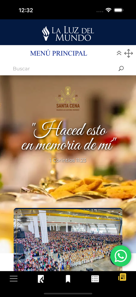 Main menu screen of the Himnario LLDM app featuring the Santa Cena theme and a search bar.