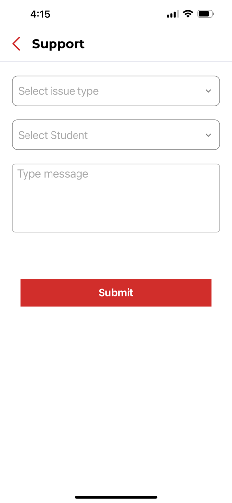Support request form in the MealManage app with fields for issue type, student selection, and message.