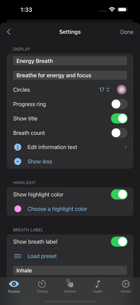 Breathe Bubble - Customizable settings interface in the Breathe Bubble app for personalized breathing exercises