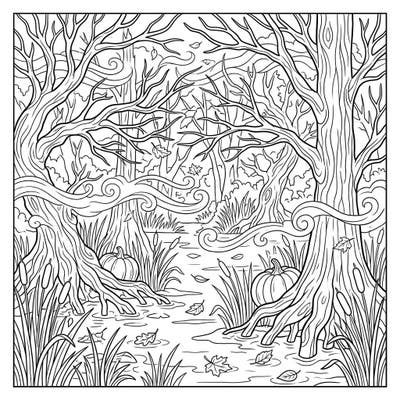 Step into the haunting beauty of an autumn misty swamp with this intricate coloring page. Discover gnarled trees, hidden pumpkins, and swirling mist, perfect for a cozy fall coloring session.