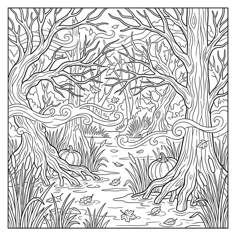Step into the haunting beauty of an autumn misty swamp with this intricate coloring page. Discover gnarled trees, hidden pumpkins, and swirling mist, perfect for a cozy fall coloring session.