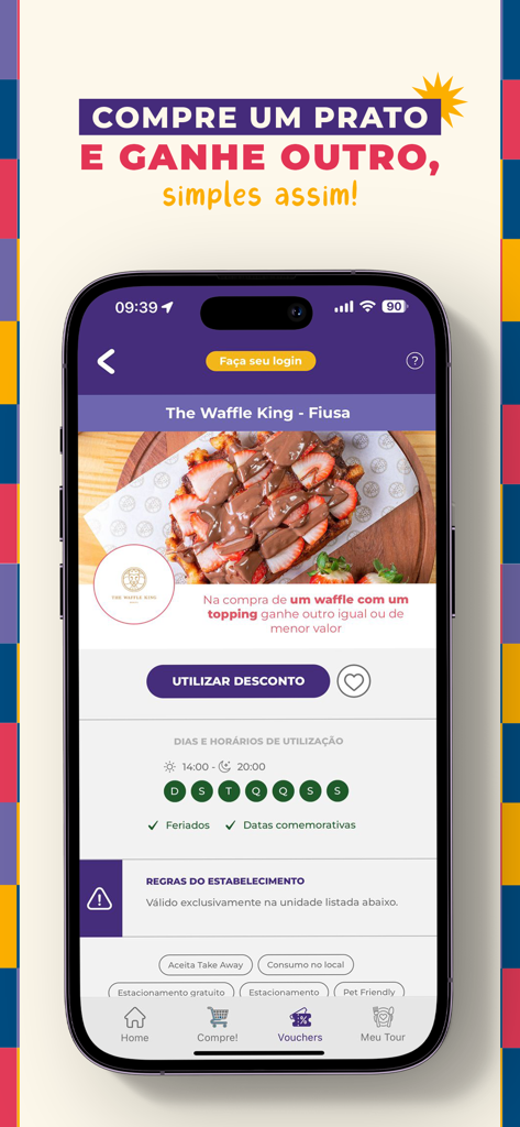 Tour Ribeirão Preto - Tela de smartphone mostrando uma oferta de compre um e ganhe outro waffle do aplicativo de guia gastronômico Tour Ribeirao Preto
