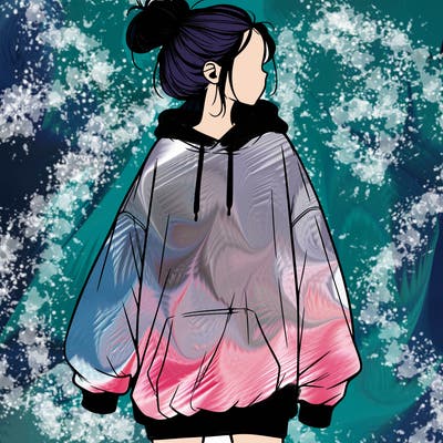 realistic girl with a oversized sweatshirt on and a bun