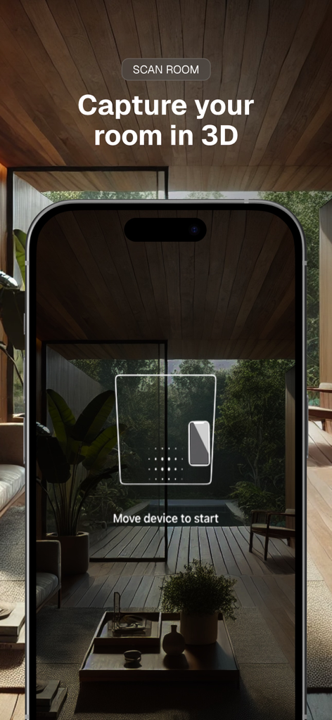 A mobile app interface showing a 3D room scanning process on an iPhone with the text Capture your room in 3D
