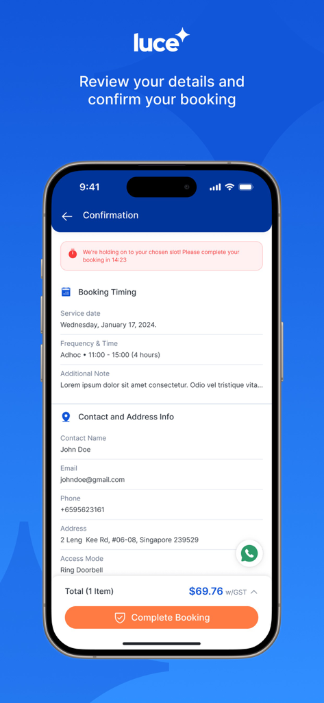 Luce App - Luce App booking confirmation screen showing service timing and contact details