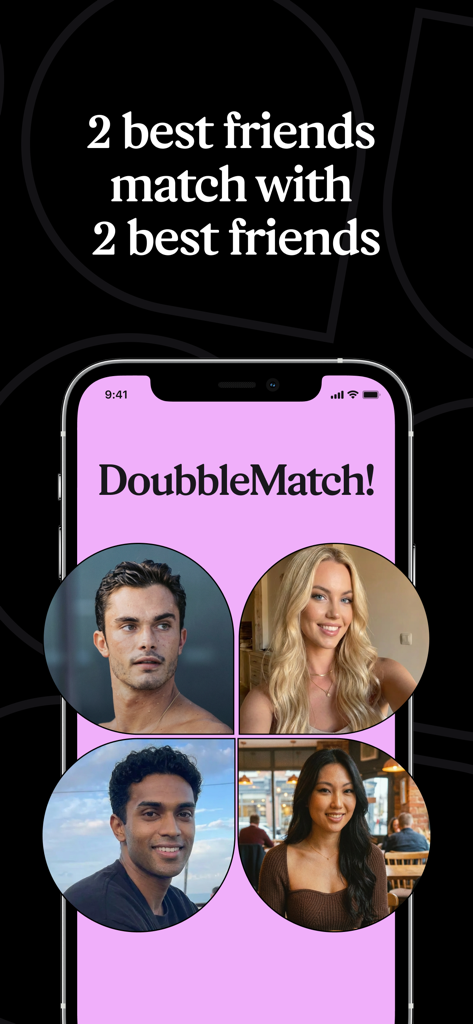 Doubble app screen showing a four person group match with the heading DoubbleMatch