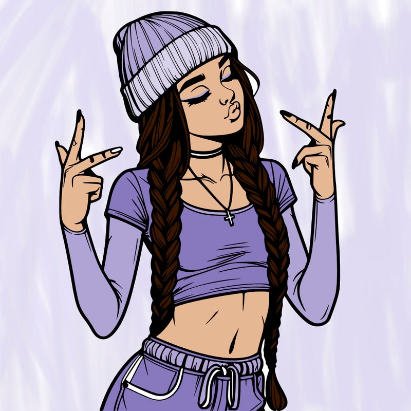 realistic teenage girl with braids and a beanie and crop top doing 🫶🏼