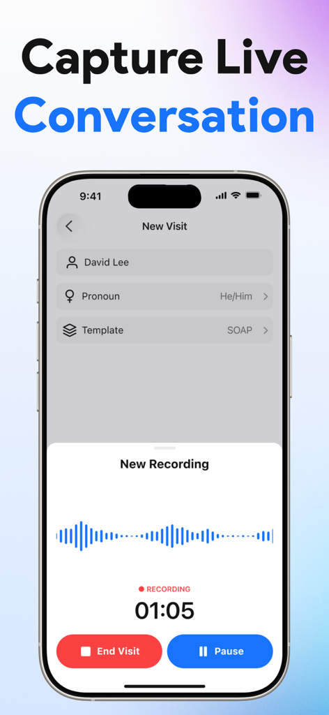 AI Medical Scribe app interface showing a live voice recording for a patient visit using a SOAP template