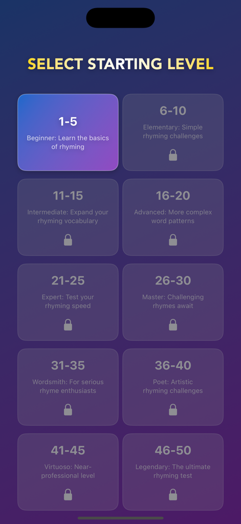 RhymeRally: Rhyming Word Game - RhymeRally app screen for selecting a starting level from beginner to legendary difficulty