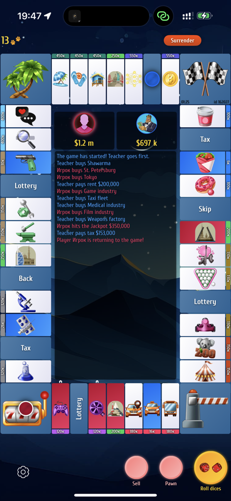 Magnate - board game - Gameplay screen of Magnate showing a digital economic strategy board with various properties and player stats