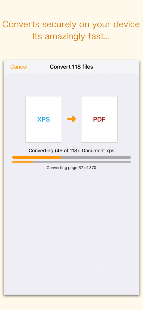 Ein mobiler Bildschirm, der den Stapelkonvertierungsfortschritt mehrerer XPS-Dateien in das PDF-Format anzeigt